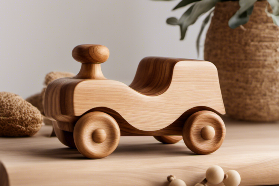 An image showcasing a beautifully crafted wooden toy, with smooth curves and natural finishes, nestled amidst a backdrop of soft, earthy tones