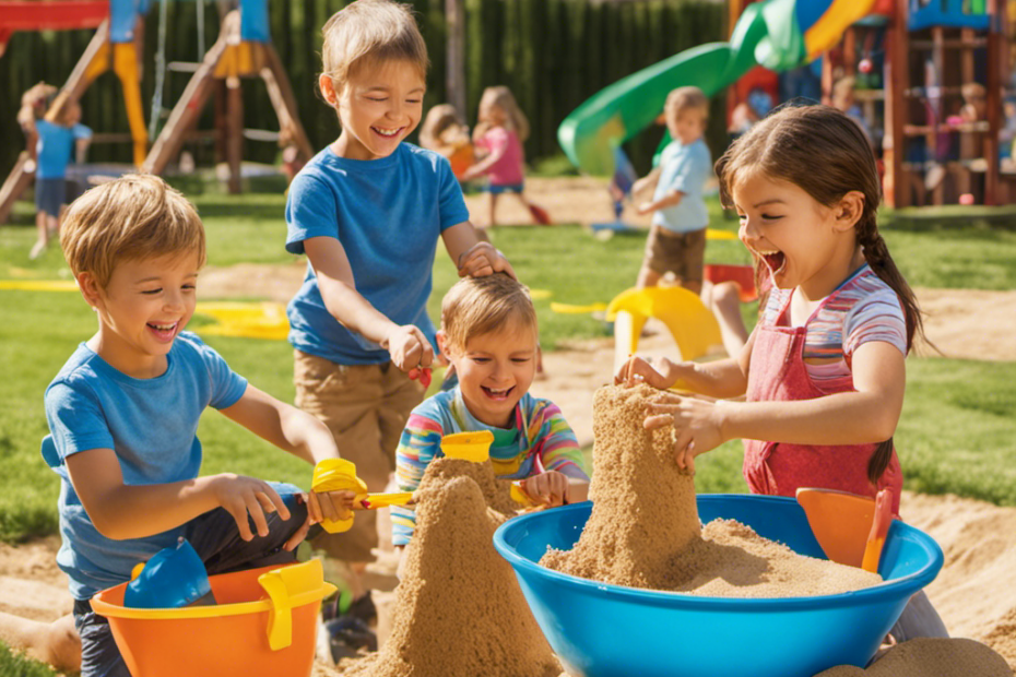 An image capturing the vibrant energy of children engaging in imaginative play, their faces beaming with joy as they build sandcastles, swing on swings, and chase each other through a colorful playground