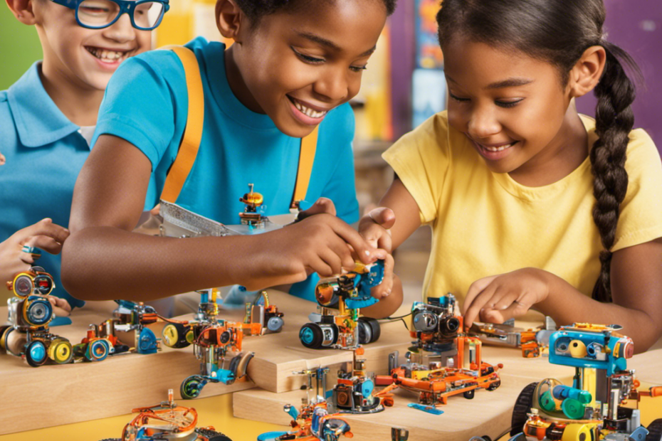 An image showcasing a group of children engaged in hands-on activities with STEM toys, their faces beaming with excitement and curiosity, surrounded by colorful gears, circuits, and robotic parts
