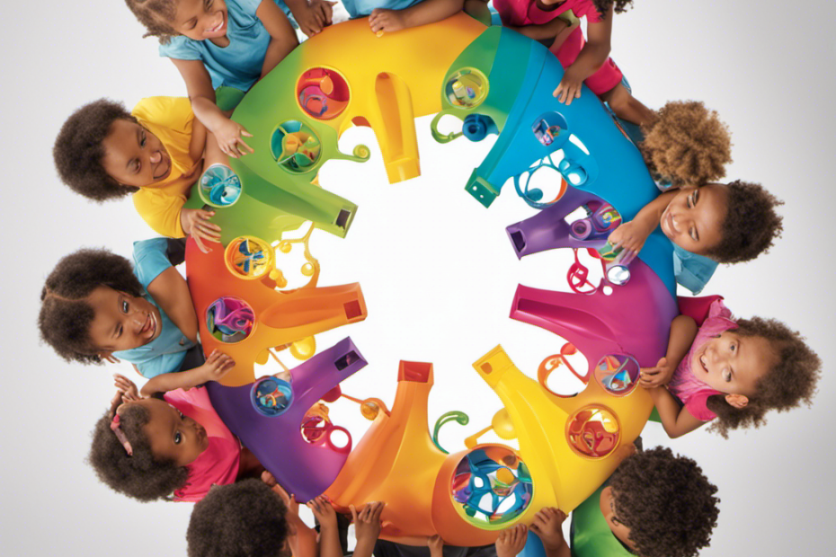 An image featuring a group of children huddled around a vibrant, hands-on STEM toy, their faces filled with wonder and curiosity