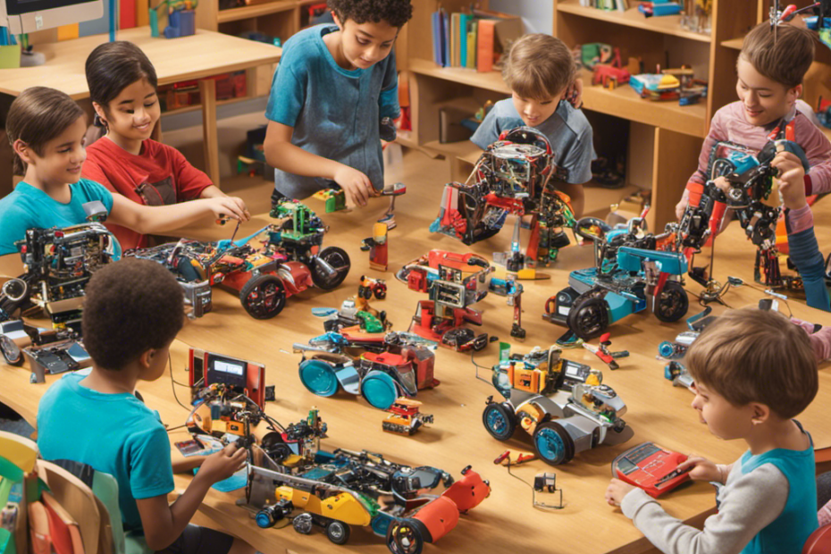 An image showcasing a bustling workshop filled with children engrossed in building robots, coding programs, and conducting experiments