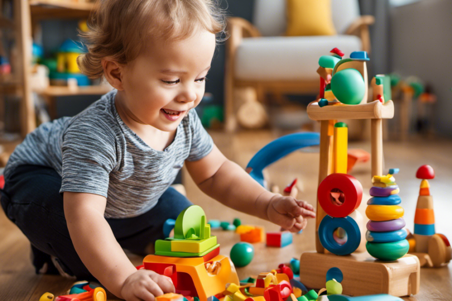 An image showcasing a toddler engaging in play, surrounded by a variety of colorful and stimulating toys, while a caring adult encourages their exploration and development through active participation and positive interaction