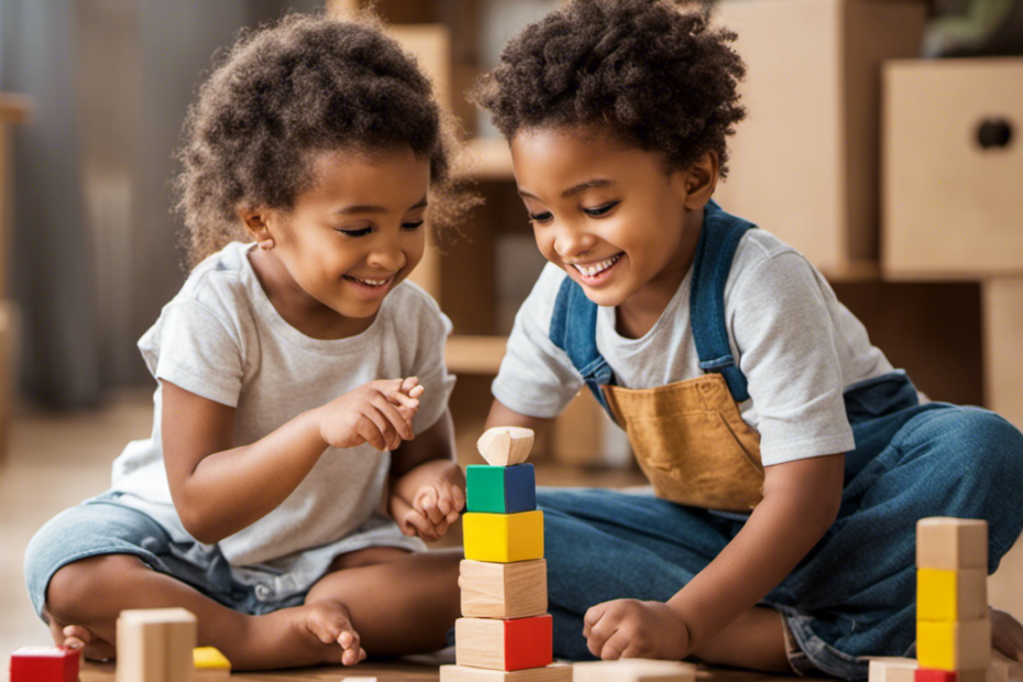 An image capturing two children sitting side by side, engaged in a cooperative activity like building a tower with blocks, showcasing their shared smiles, eye contact, and empathetic gestures, emphasizing the importance of social development