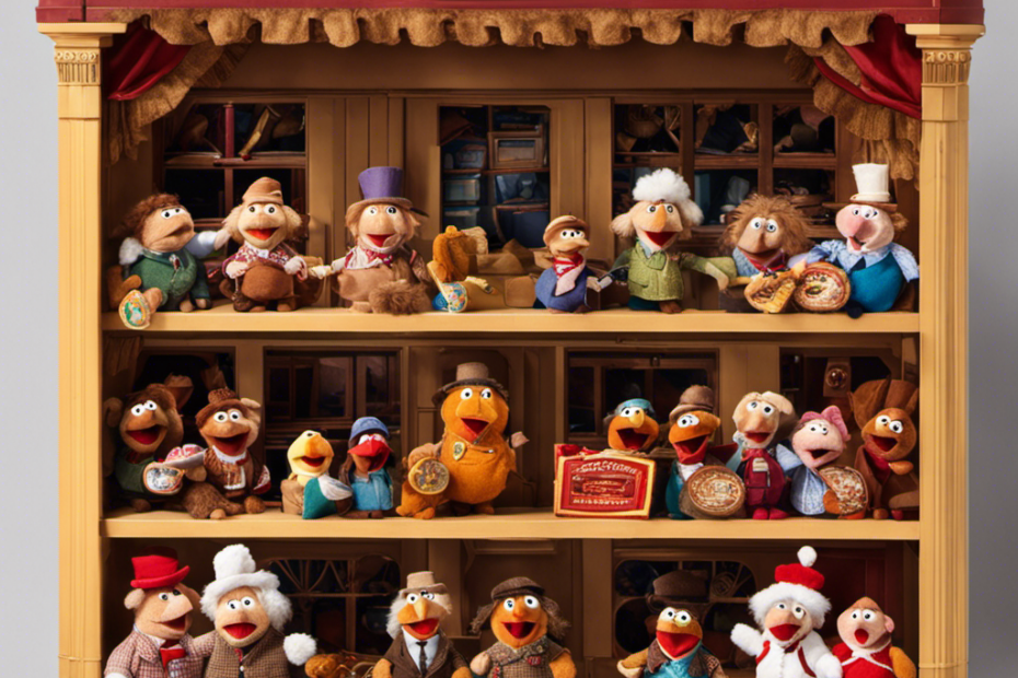 An image depicting a vibrant toy factory bustling with artisans carefully stitching together Statler and Waldorf plush toys