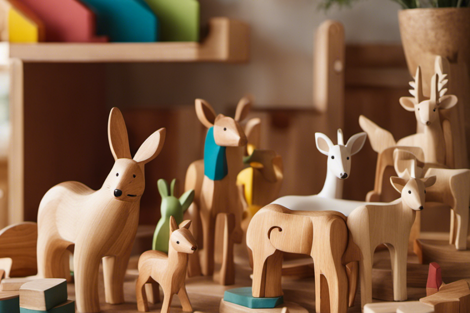 An image capturing the enchantment of wooden preschool toys: a sunlit room filled with vibrant, meticulously crafted wooden animals, puzzles, and blocks