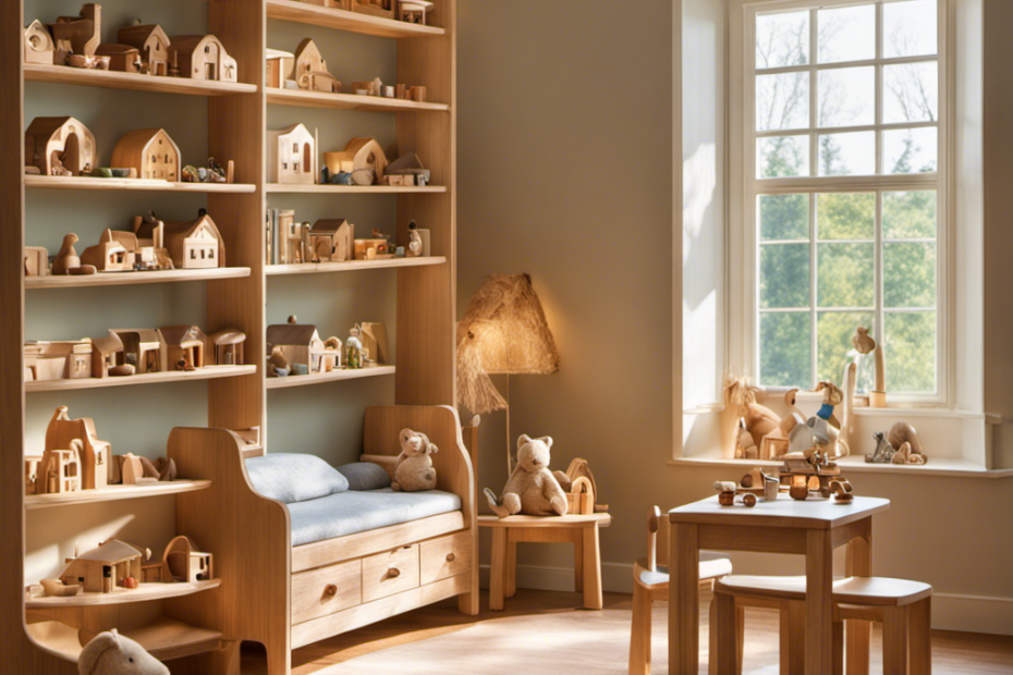 An image showcasing a cozy, sunlit room with a wooden toy shelf adorned with handcrafted Waldorf toys