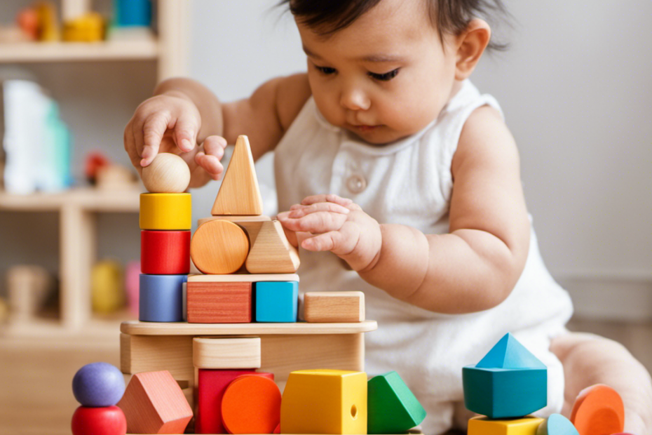An image showcasing a Montessori baby toy set filled with colorful wooden blocks, stackable rings, and shape sorters