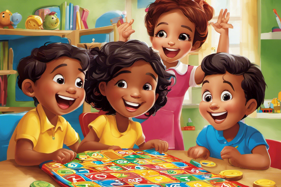 An image showcasing a group of preschoolers sitting around a colorful game board, their eyes gleaming with excitement as they eagerly reach for Zingo Bingo tiles