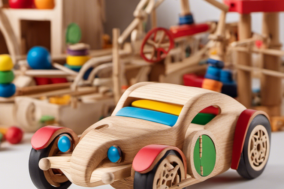 An image showcasing a colorful array of Tinker Toys: wooden rods, circular connectors, and wheels in various sizes