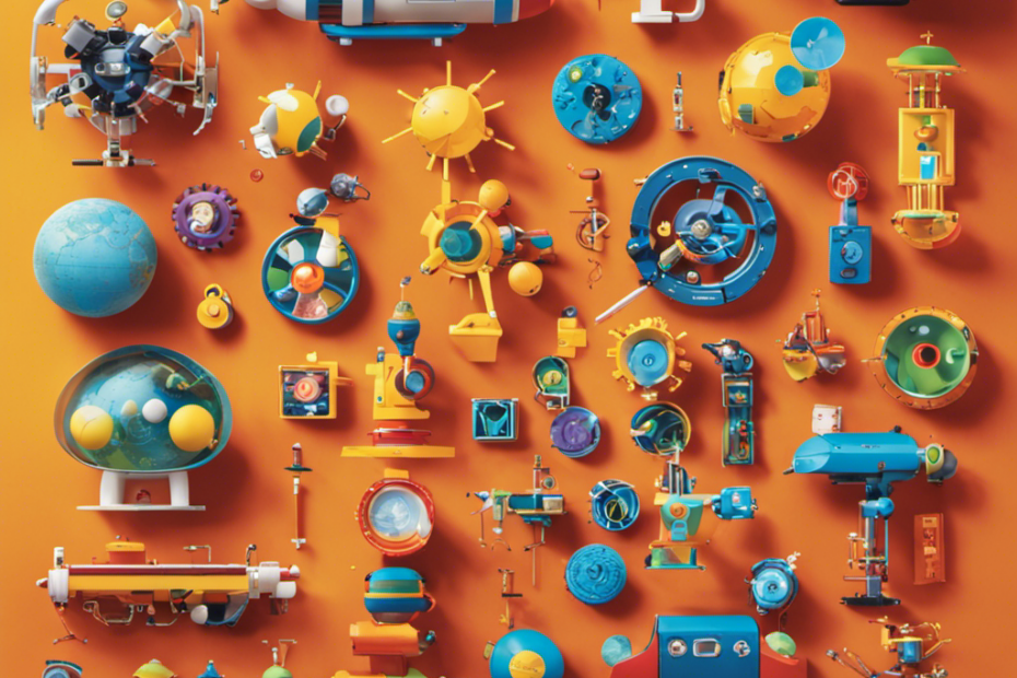 An image showcasing a diverse array of vibrant STEM toys, from coding robots and chemistry sets to 3D printers and telescopes, inviting exploration, problem-solving, and sparking imagination in children of all ages