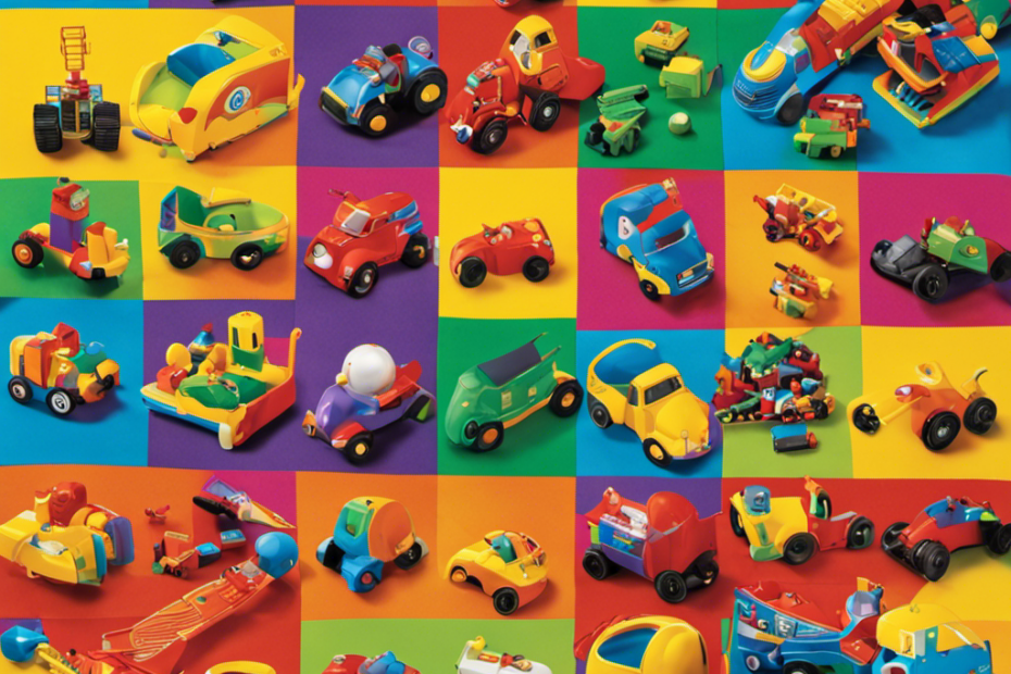 An image that showcases a diverse array of toys scattered on a colorful, vibrant play mat