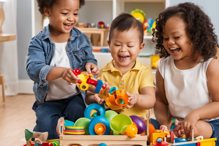An image showcasing a diverse group of preschoolers with Down Syndrome engaging in play with a variety of toys that promote development and inclusion