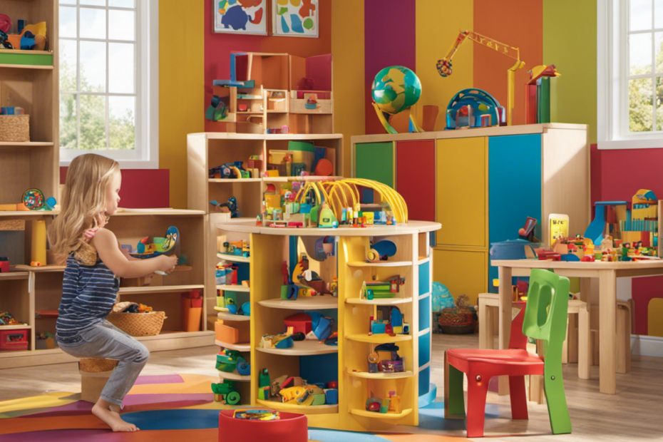 An image showcasing a colorful playroom filled with a variety of engaging toys, including puzzles, building blocks, art supplies, and active play equipment, inspiring preschoolers to explore, learn, and develop their cognitive, physical, and creative abilities