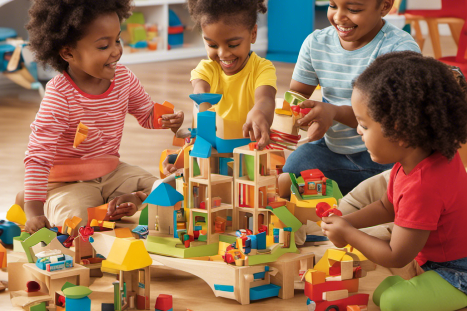 An image featuring a diverse group of preschoolers engaged in imaginative play with a variety of toys, showcasing vibrant colors, tactile textures, and interactive elements that foster cognitive, social, and motor skill development
