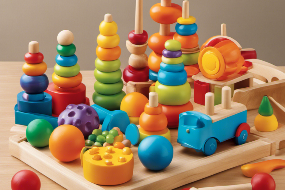 An image showcasing an array of vibrant toys, each uniquely designed to stimulate sensory exploration, enhance fine motor skills, foster cognitive growth, encourage language development, and promote gross motor abilities in infants