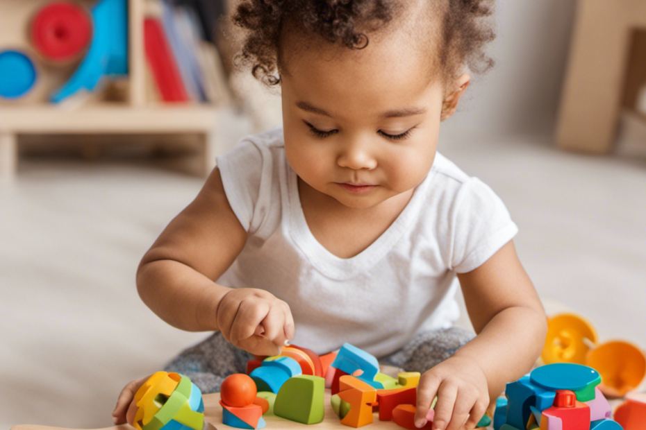An image showcasing a toddler engrossed in a colorful puzzle, surrounded by a variety of educational toys, such as shape sorters, stacking blocks, and counting beads, encouraging cognitive growth