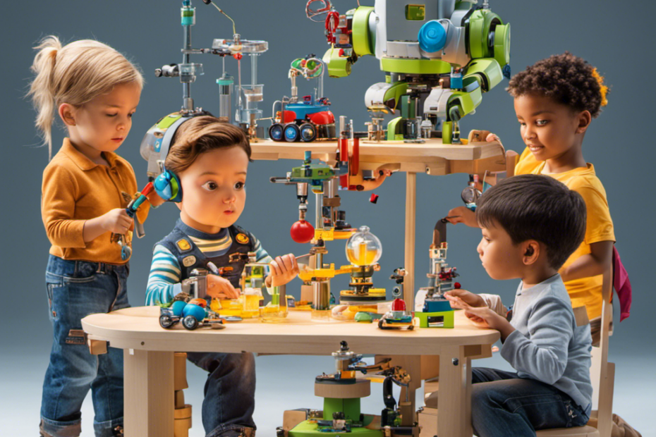 An image showcasing a diverse group of children playing with a variety of STEM-related toys, breaking gender stereotypes