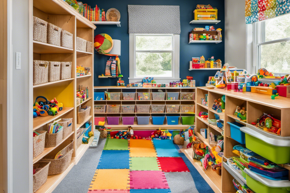 An image showcasing a colorful playroom with neatly labeled bins and shelves filled with a variety of educational toys, books, and art supplies, cleverly arranged to inspire preschoolers' curiosity and encourage easy cleanup