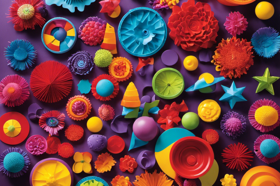 An image showcasing a diverse array of vibrant, interactive sensory wall toys