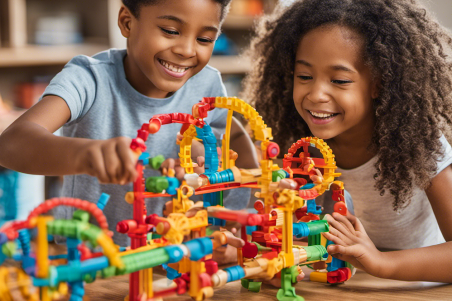 An image showcasing a group of diverse children engrossed in building intricate structures with colorful STEM toys, their faces radiating excitement and curiosity, while collaborating and problem-solving together