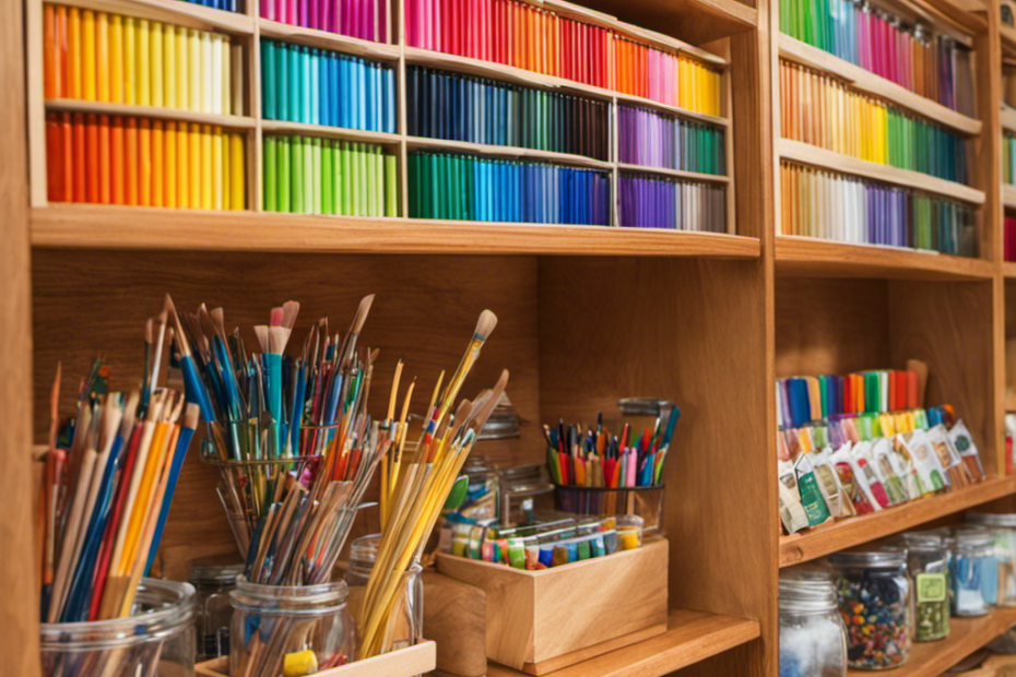 An image showcasing a colorful, well-organized Montessori art supply shelf, adorned with various art materials such as paintbrushes, watercolors, clay, and colored pencils, inviting viewers to explore the benefits of unleashing creativity in a Montessori environment