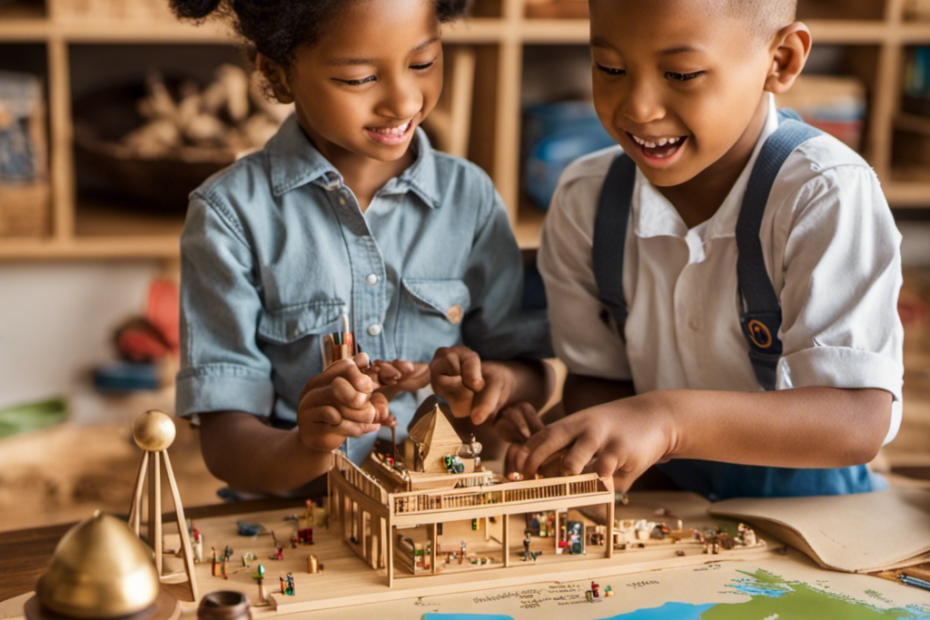 An image of children from diverse cultures joyfully exploring a Montessori classroom, immersed in cultural artifacts, maps, and globes, fostering curiosity and understanding of the world around them