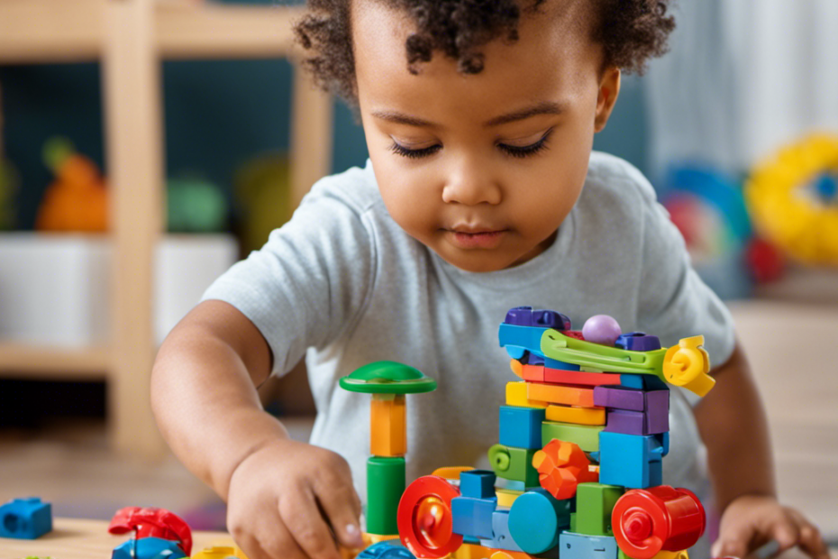 An image of a toddler engrossed in play with colorful STEM toys, their eyes wide with curiosity and excitement