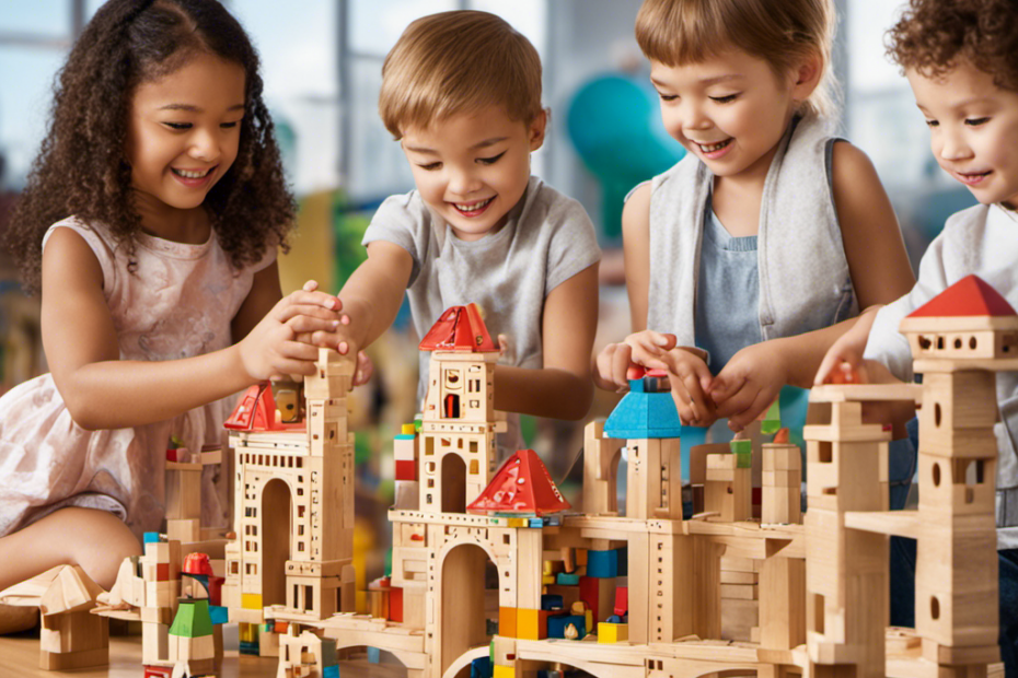 An image showcasing a group of preschoolers engrossed in constructing towering structures with building blocks, their faces beaming with excitement and curiosity, reflecting the limitless potential unlocked through construction toys