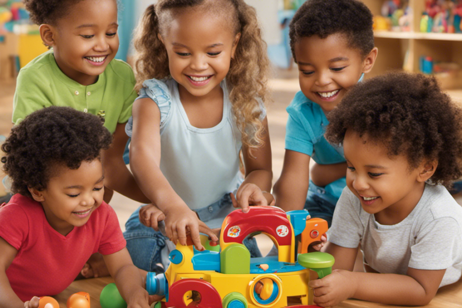An image of a diverse group of preschoolers joyfully engaging with a variety of interactive learning toys, their bright eyes sparkling with curiosity and excitement, as they explore, problem-solve, and develop essential skills