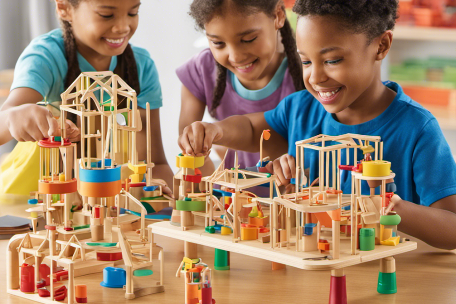 An image showcasing a vibrant classroom filled with children eagerly engaged in hands-on experiments and constructing intricate structures using Amazon's range of educational toys, fostering a love for STEM learning