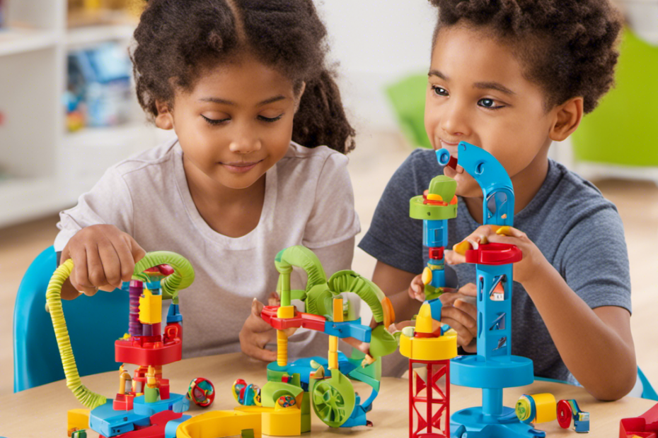 An image showcasing a diverse group of children enthusiastically engaging with STEM math toys, their eyes alight with curiosity and excitement as they explore, problem-solve, and unlock the boundless potential of learning through play