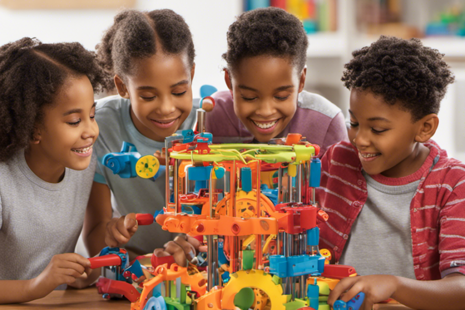 An image featuring a group of diverse children huddled around a vibrant, interactive STEM toy, their faces filled with wonder and excitement as they manipulate gears, circuits, and experiment with endless possibilities