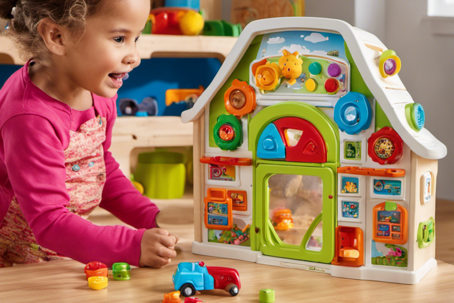An image showcasing a vibrant Peekaboo Learning Farm Toy, bursting with colorful buttons, switches, and sliding doors