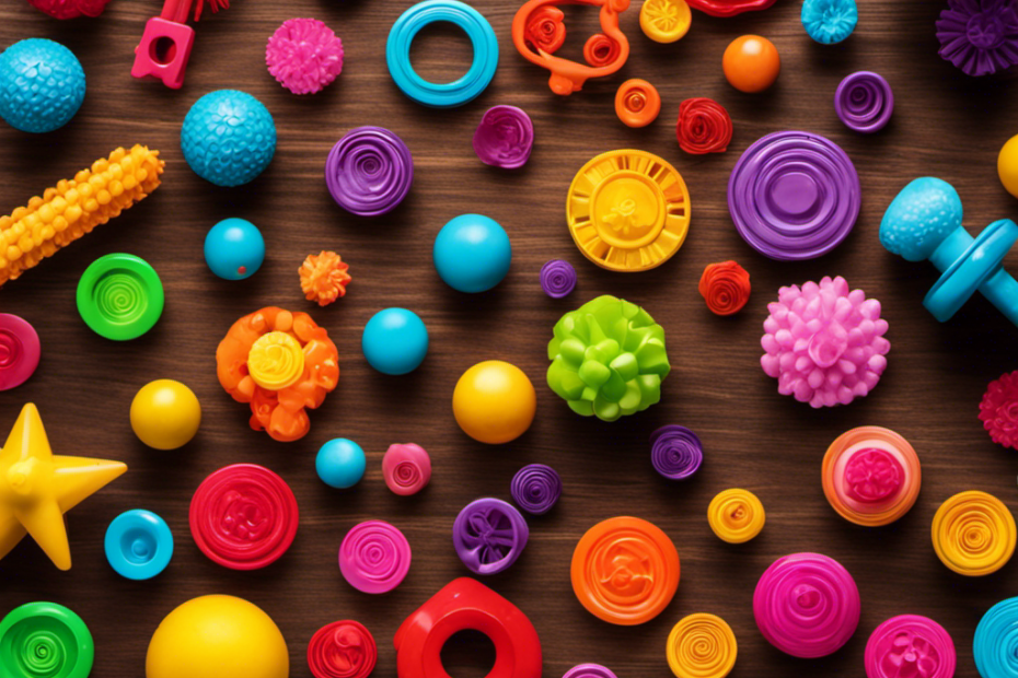 An image showcasing a colorful assortment of pop fidget toys on a sleek wooden table, with sunlight casting playful shadows