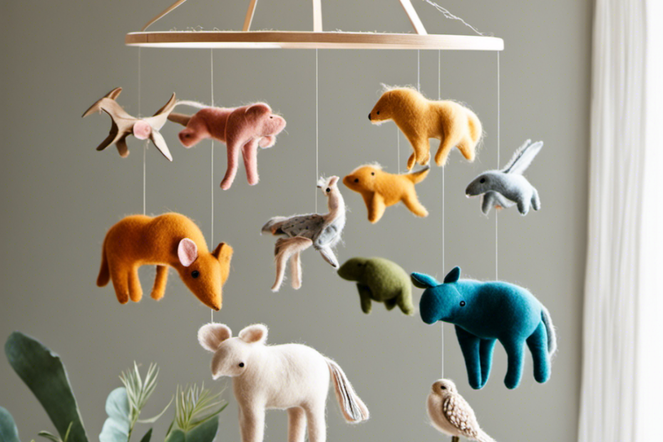 An image showcasing a handcrafted wooden mobile of colorful felted animals, gently swaying above a serene and natural nursery setting