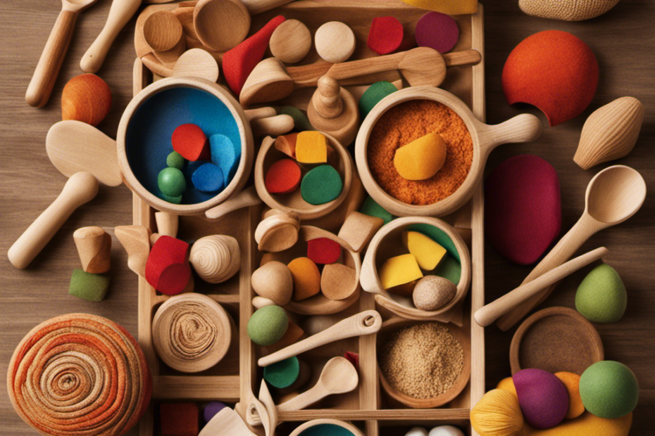 An image showcasing a diverse collection of Waldorf toys, including a wooden kitchen set with realistic utensils, a colorful set of building blocks, and a sensory tray filled with textured materials like silk, sand, and shells