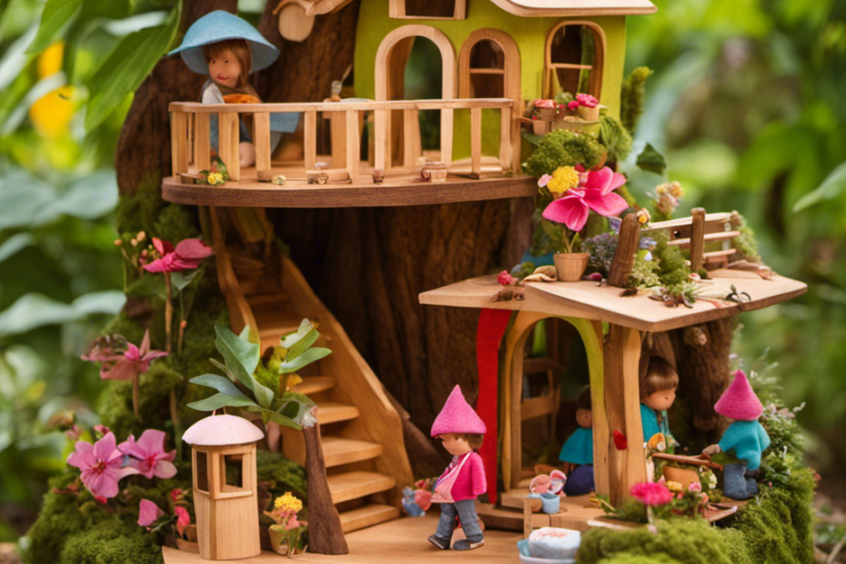 An image showcasing a three-year-old engrossed in a vibrant Waldorf toy world: a wooden treehouse adorned with handcrafted dolls, a miniature garden brimming with felt flowers, and a whimsical wooden train chugging through the scene