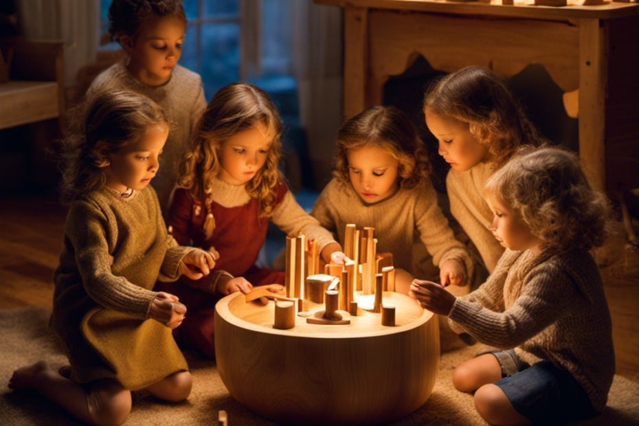 An image showcasing a group of children engrossed in open-ended play with Waldorf toys, their faces lit up with wonder and imagination