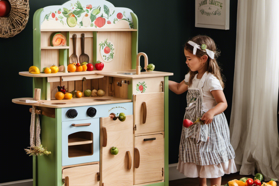 An image showcasing a whimsical wooden play kitchen, adorned with hand-painted fruits and vegetables, inviting children to engage in imaginative cooking and sensory exploration