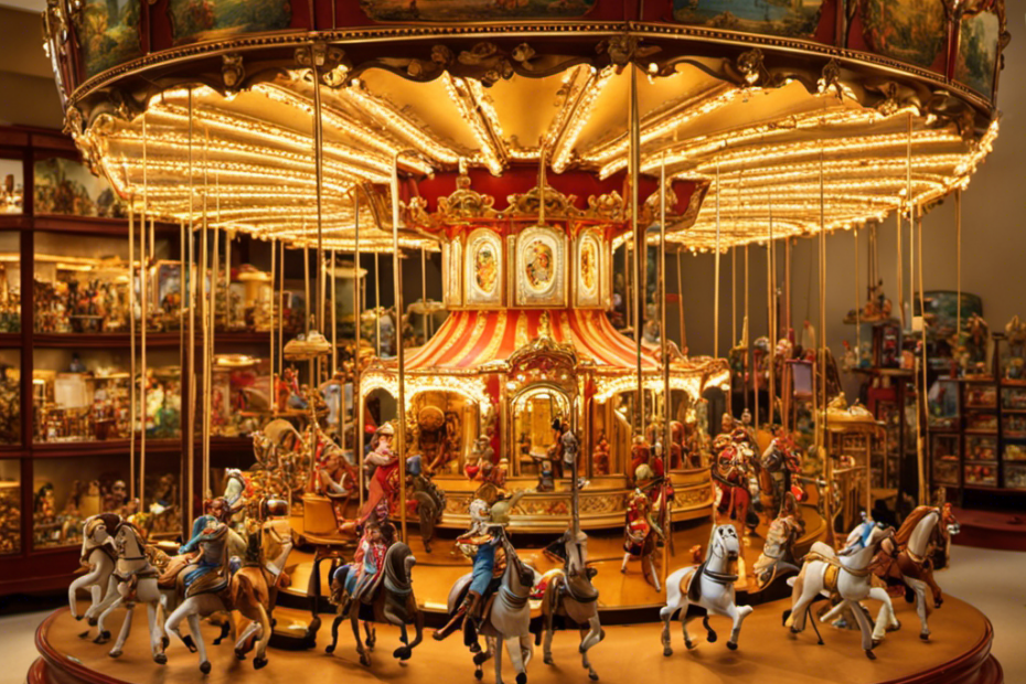 an enchanting scene within Waldorf's Toys R Us: a whimsical carousel adorned with vintage tin toys, nestled amidst shelves overflowing with handcrafted wooden dolls, intricate puzzles, and shelves lined with meticulously preserved rare toy treasures