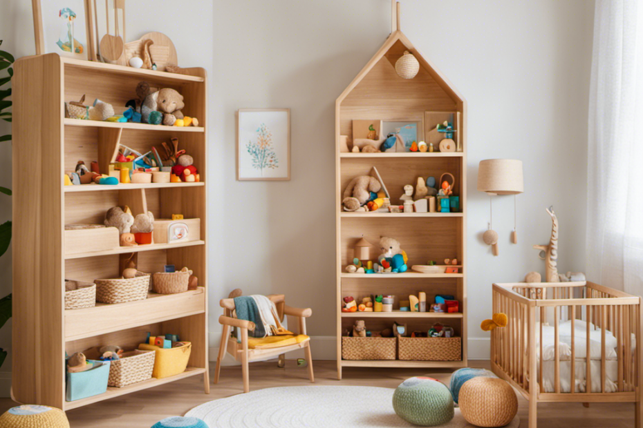 An image showcasing a cozy, sunlit nursery filled with shelves adorned with beautifully crafted wooden toys, colorful sensory objects, and tactile mobiles, inviting exploration and fostering cognitive development for Montessori babies