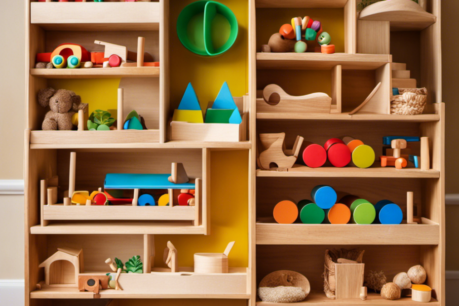 An image showcasing a well-organized Montessori toy shelf, adorned with natural wooden toys, colorful puzzles, sensory materials, and practical life activities, all arranged neatly to inspire children's development
