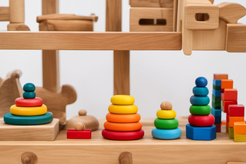 An image showcasing a wooden shelf filled with vibrant Montessori toys, such as stacking blocks, puzzles, and sensory bins