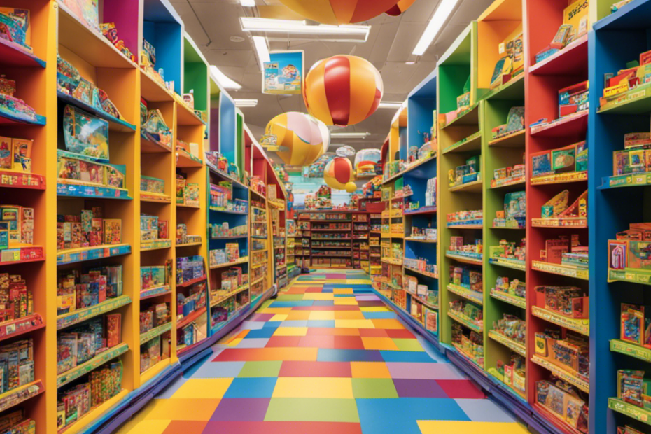 An image showcasing a colorful aisle in a toy store, filled with shelves displaying an array of engaging STEM toys such as robotic kits, building blocks, chemistry sets, and telescopes