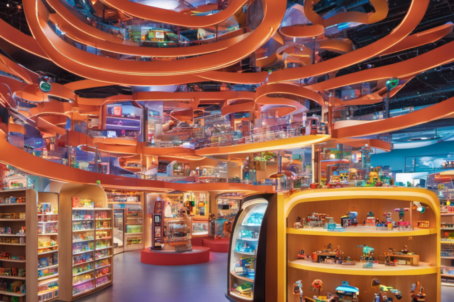 An image depicting a brightly lit, futuristic toy store filled with shelves stacked high with engaging and colorful STEM toys