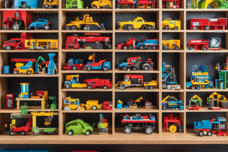 An image showcasing a diverse array of STEM toys neatly displayed on shelves, with brightly colored packaging and labels reading "Online Retailers" and "Local Stores" above them