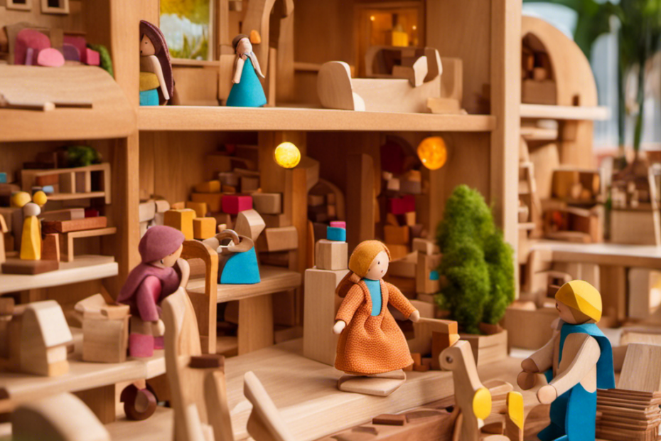 An image showcasing a vibrant, bustling Waldorf toy store, brimming with wooden puzzles, handmade dolls, eco-friendly building blocks, and enchanting playsets, radiating a warm ambiance of creativity and sustainability