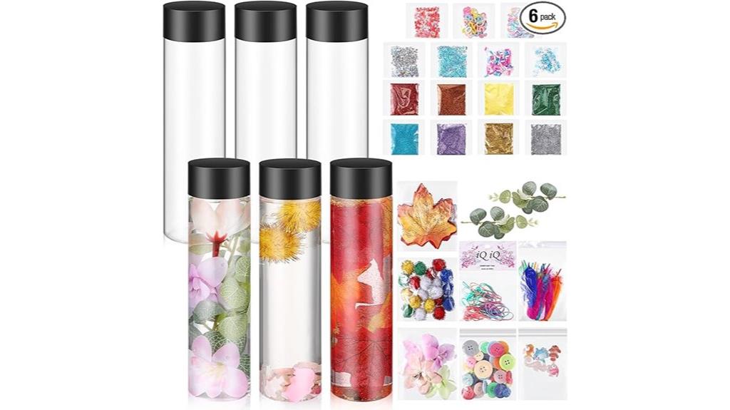 six colorful sensory bottles