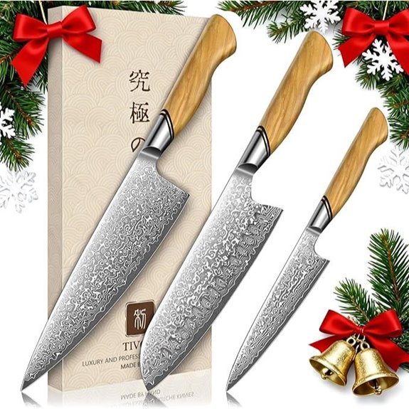 TIVOLI Damascus Knife Set 3 pcs Olive Wood Handles