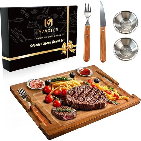 Acacia Wooden Steak Board Set with Cutlery and Ramekins